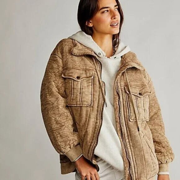 Free People We The Free Luna Quilted Bomber Jacket XS | Tan Cozy Fall Layer Boho - Picture 2 of 5